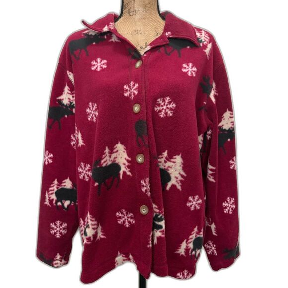 Vintage Cabin Creek Fleece Shacket Red Winter‎ Moose Tree Snowflake Size Large - Picture 1 of 3